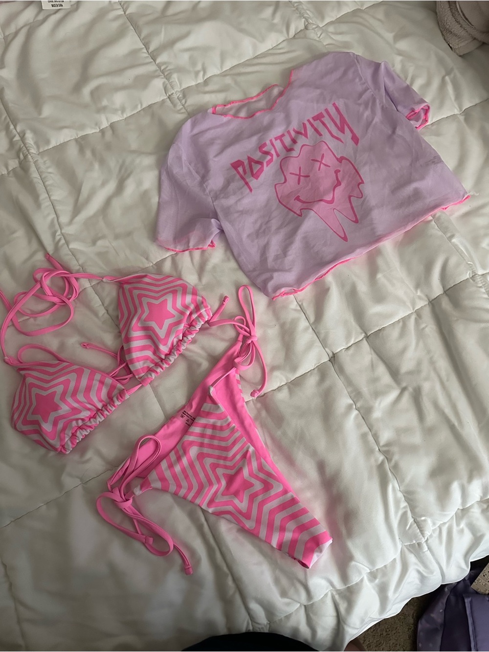Pink Star-Print Bikini Set with Sheer ‘Positivity’ Crop Top